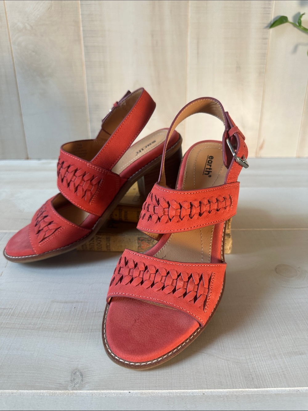 Earth Coral Red Woven Solid Leather Heeled Sandals